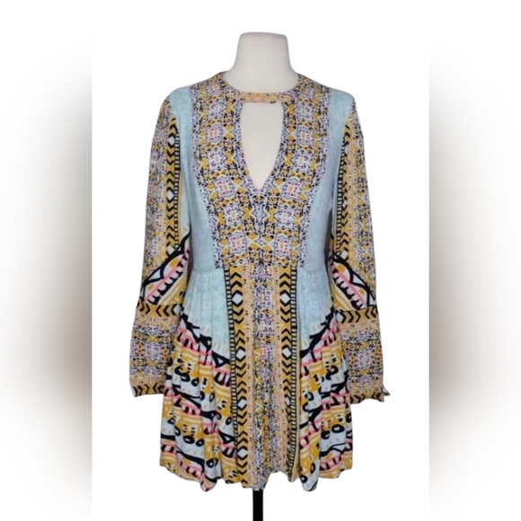 Free People Tegan Border Printed Long Sleeve Mini Dress in Blue Combo - Picture 3 of 6